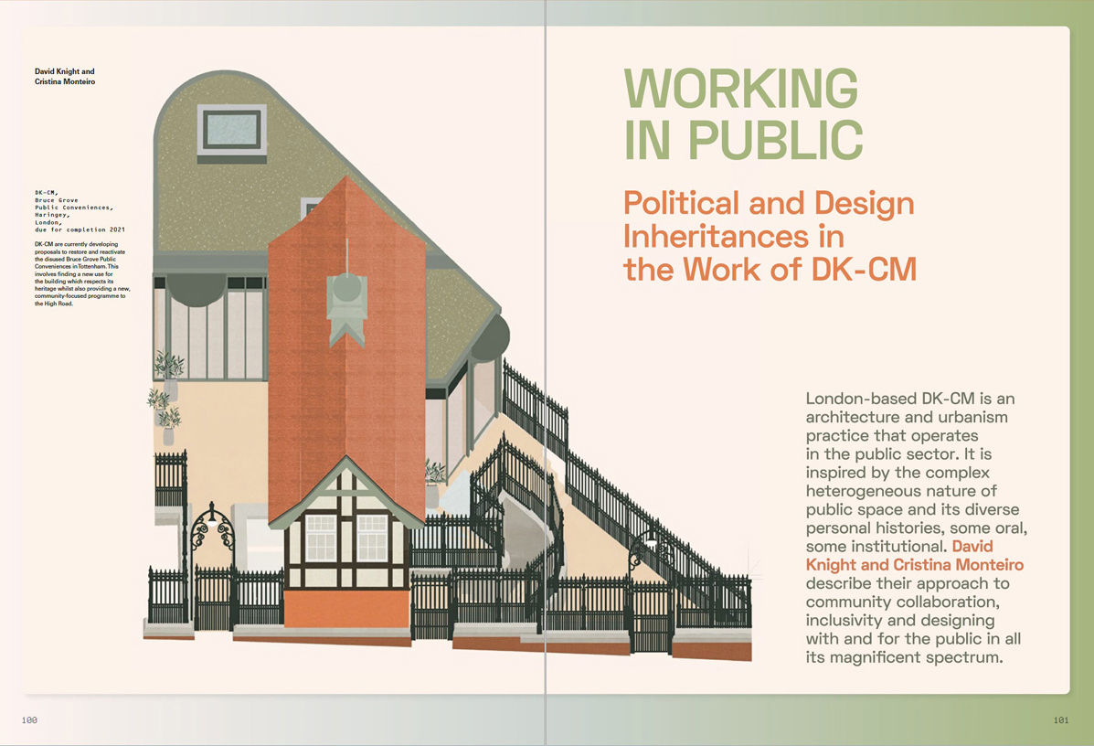 Spread of the essay in its original format, showing a visualisation of our Bruce Grove project.